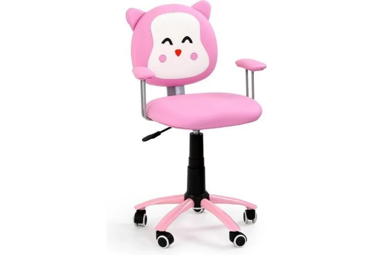 Детски стол с модерна визия и дизайн котенце. Изработен от дишаща еко кожа с метални крака. Мултифункционален