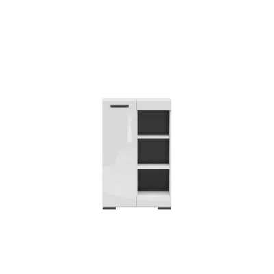 Шкаф ASSEN SFK1D/13/8 разполага с една вратичка с лице бял гланц и три отворени пространства. Шкафът е част от серията Assen. Вътрешните пространства са разделени на рафтове и възможноисталиране с лява или дясна ориентация.Модулна система за дневна Assen е с минималистичен дизайн и е изработена в бяло гланц с контраст на черни елементи на витрините. Заложено е на модерния стил