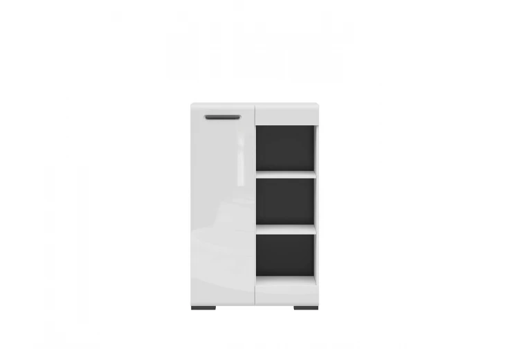 Шкаф ASSEN SFK1D/13/8 разполага с една вратичка с лице бял гланц и три отворени пространства. Шкафът е част от серията Assen. Вътрешните пространства са разделени на рафтове и възможноисталиране с лява или дясна ориентация.