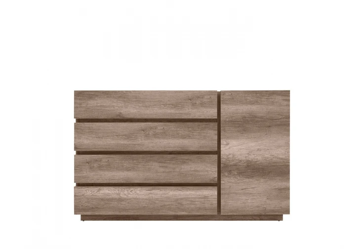 Просторният скрин Антика в цвят дъб мнумент е подходящ за обзавеждане на спалня или дневна. Разполага с една врата и четири чекмеджета.