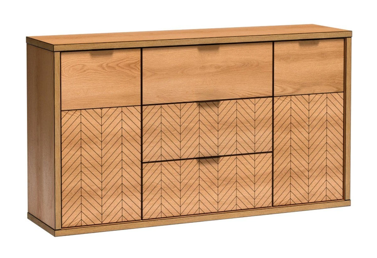 Скрин с две врати и три чекмеджета Fonti F-3 дъб карамел / декоративен принт рибена кост skrin-s-dve-vrati-i-tri-chekmedgeta-fonti-f-3-dab-karamel-dekorativen-print-ribena-kost-264033638-1200×820