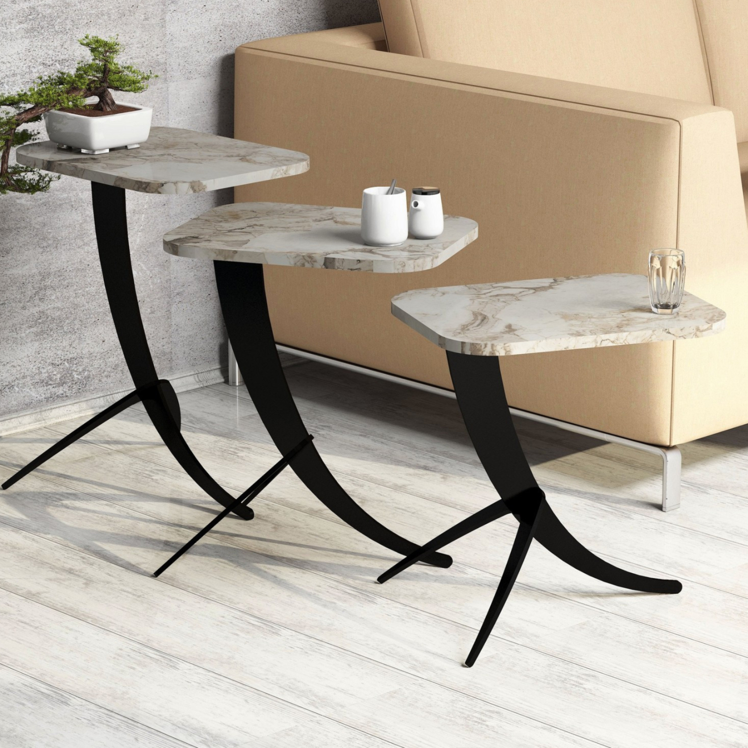 Помощни маси цвят бял мрамор-черен