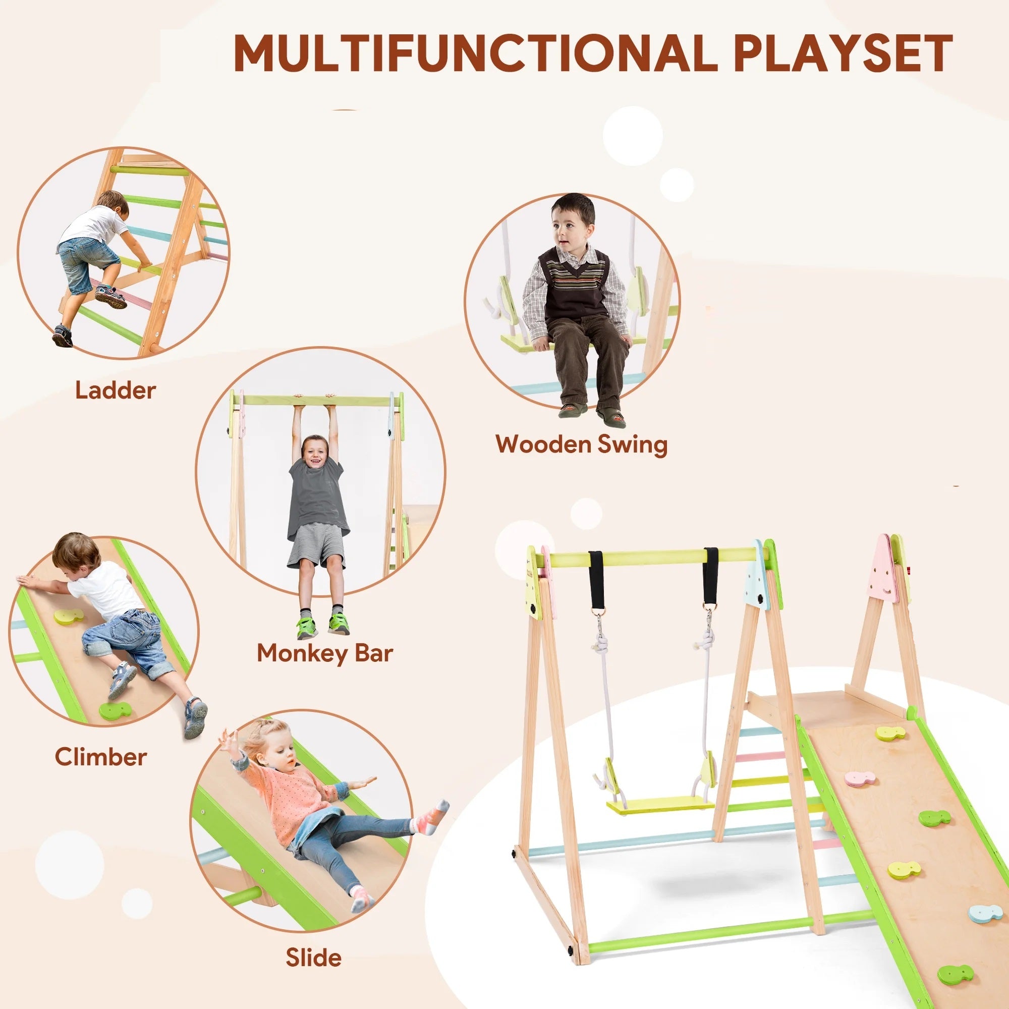 Детски Дървен Комплект GINGER HOME 4 в 1 – Люлка