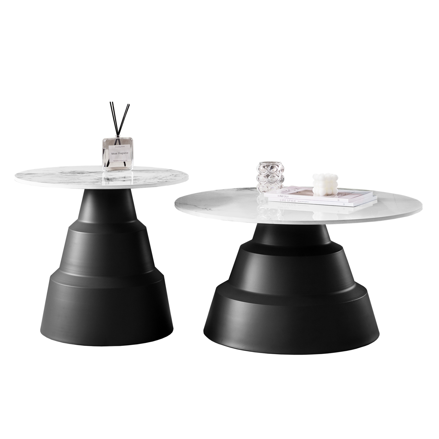 Комплект маси Φ50 и Φ70 см бял синтерован камък-черен