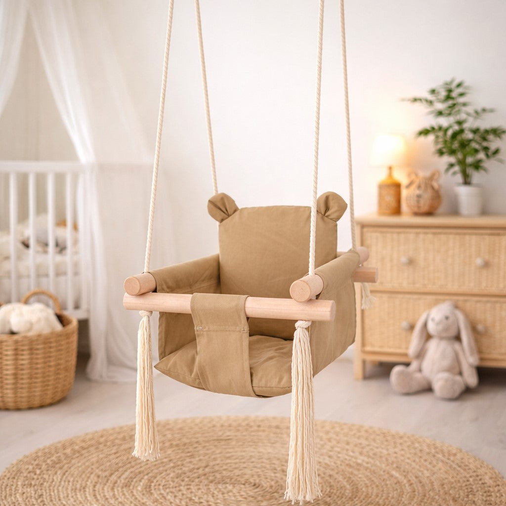Детска Дървена Люлка Мече GINGER HOME – Мека Памучна Седалка