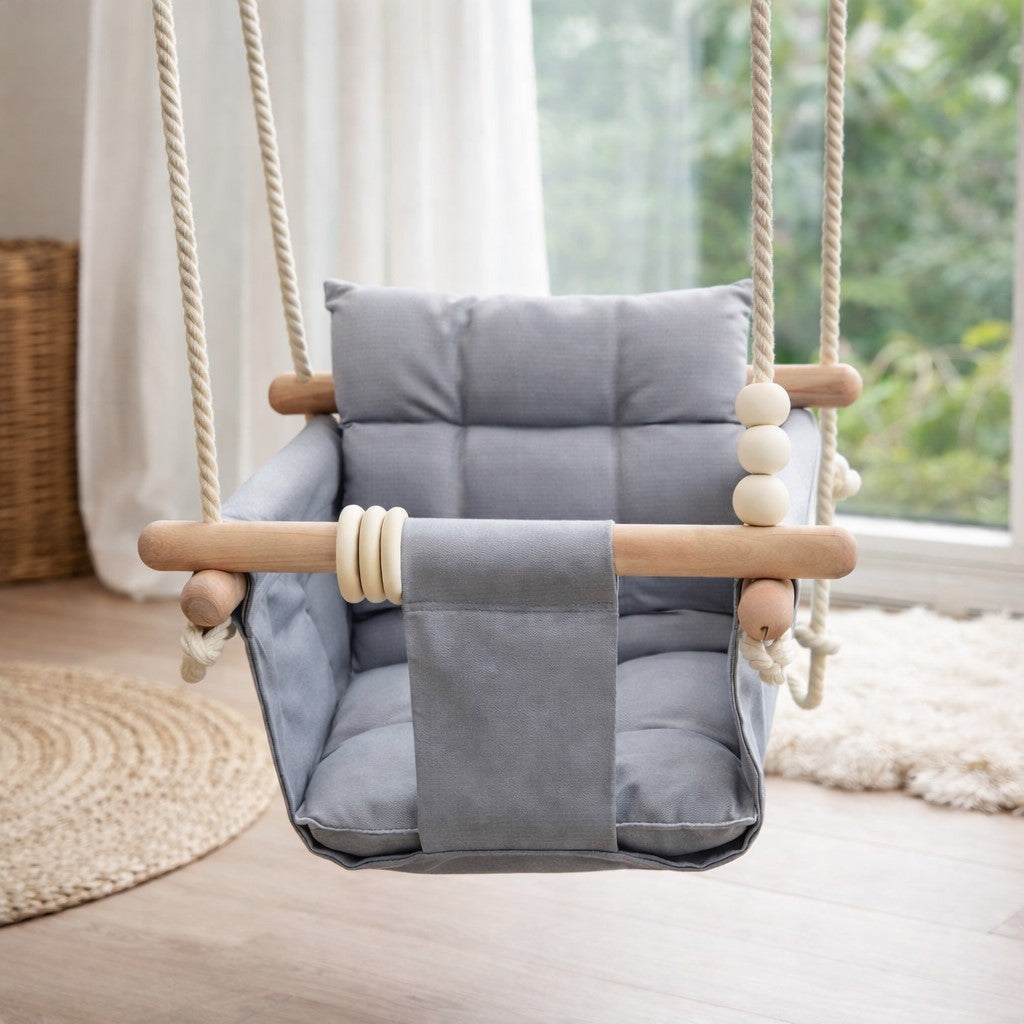 Детска Дървена Люлка GINGER HOME Scandi – Мека Памучна Седалка с Облегалка