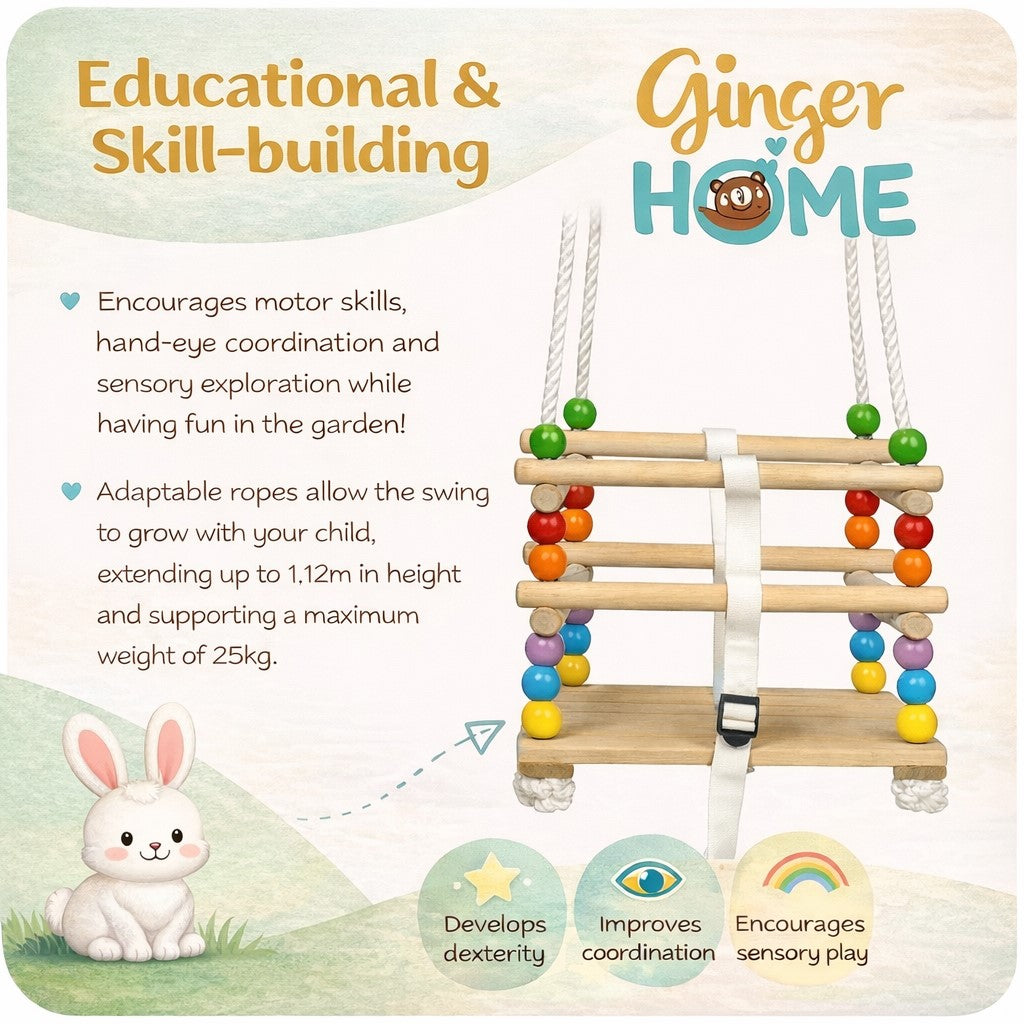 Детска Дървена Люлка GINGER HOME с Колан и Бордове – до 70 кг