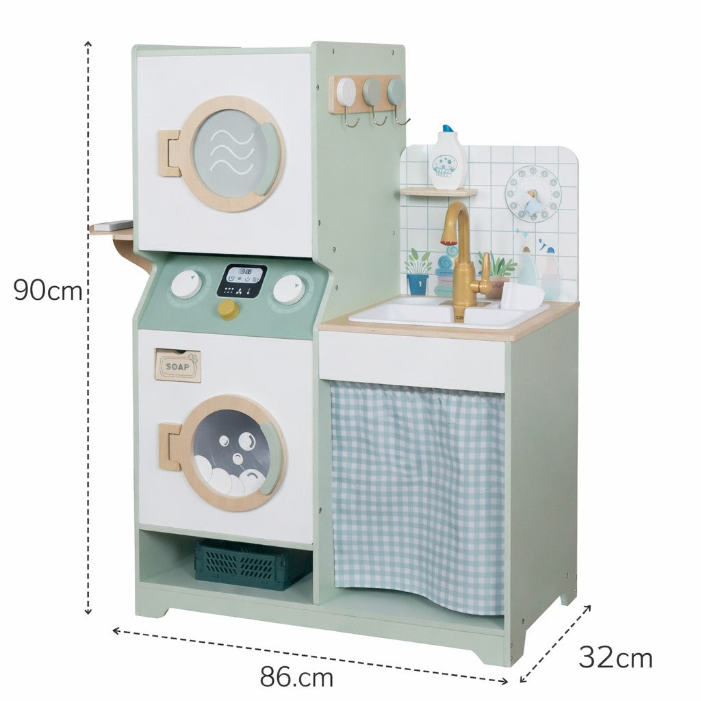 Детска Дървена Пералня 3 в 1 с Мивка с Течаща Вода и Сушилня GINGER HOME