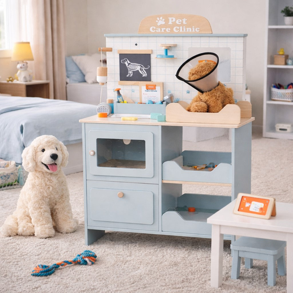 Детска Ветеринарна Клиника Играчка GINGER HOME – Дървен Ветеринарен Център с Аксесоари и Плюшено Куче