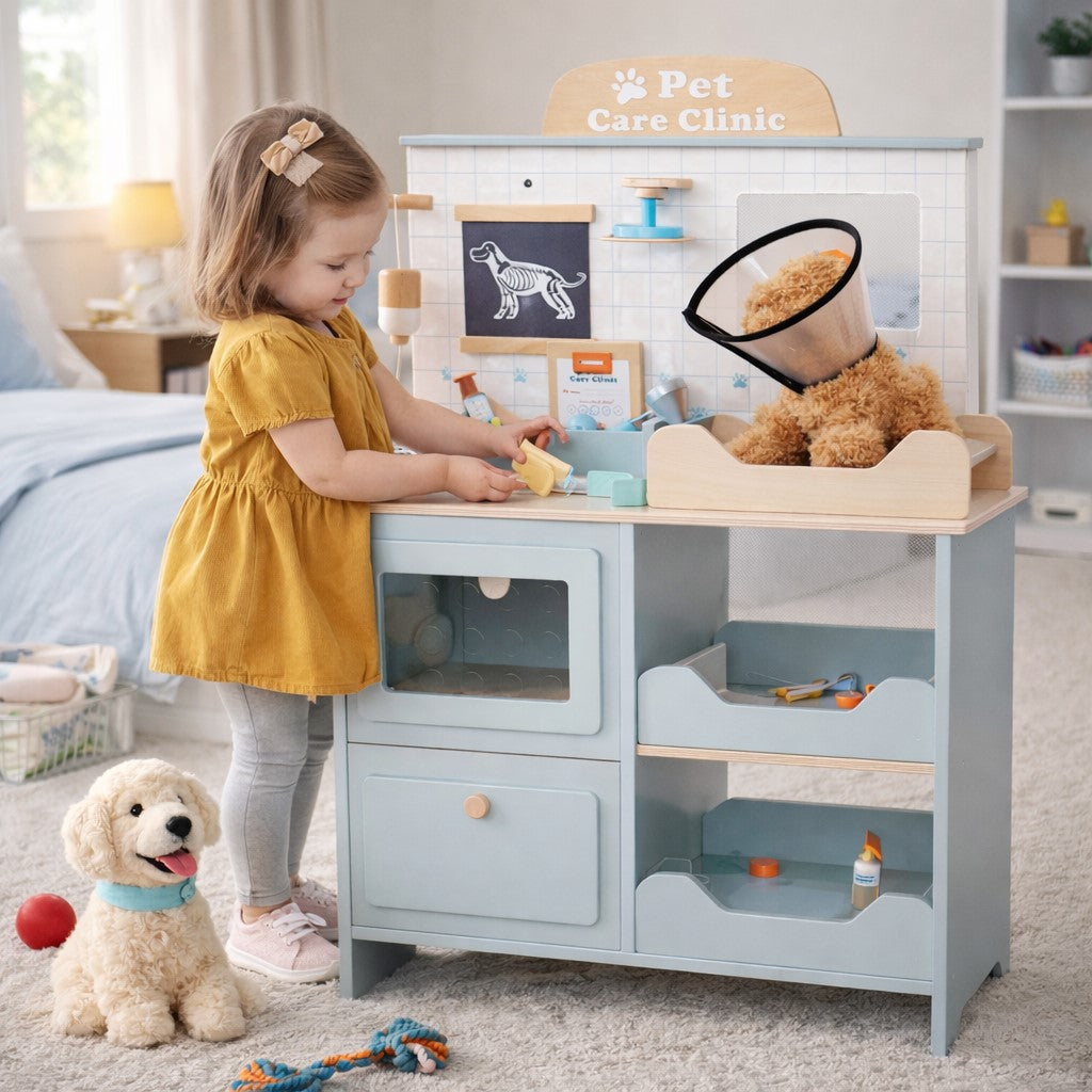 Детска Ветеринарна Клиника Играчка GINGER HOME – Дървен Ветеринарен Център с Аксесоари и Плюшено Куче