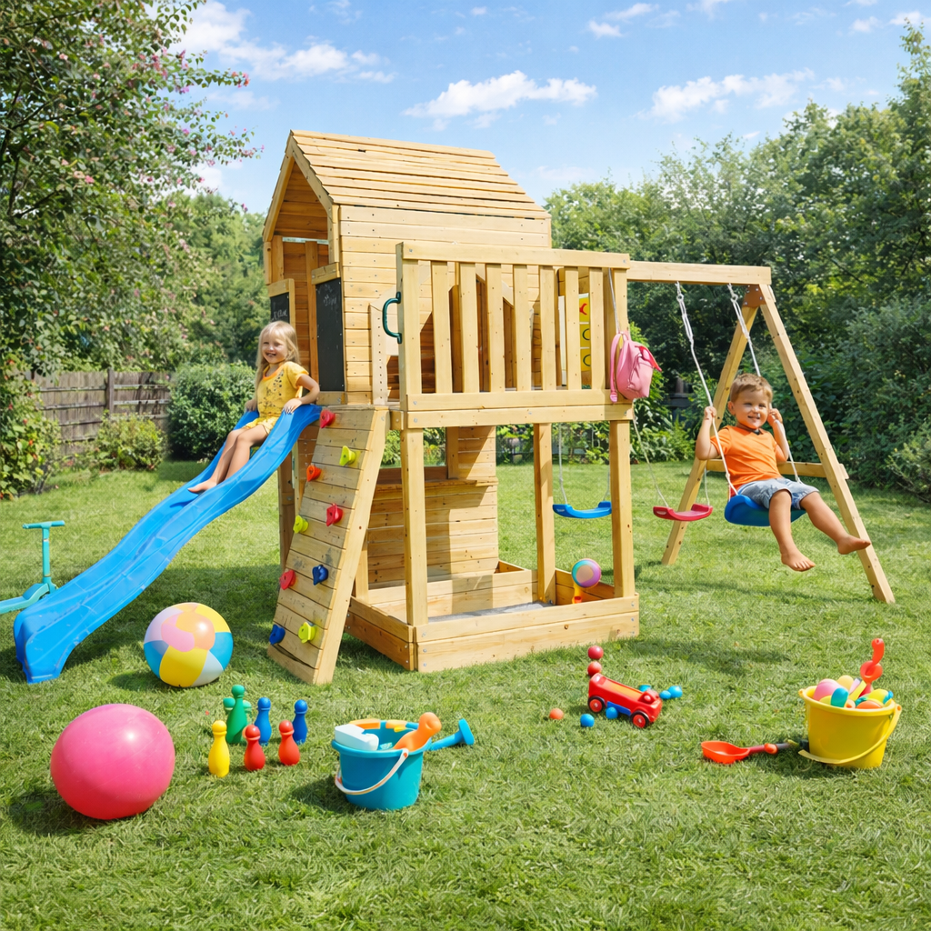 Голяма Детска Дървена Къщичка GINGER HOME за Двор с Пързалка