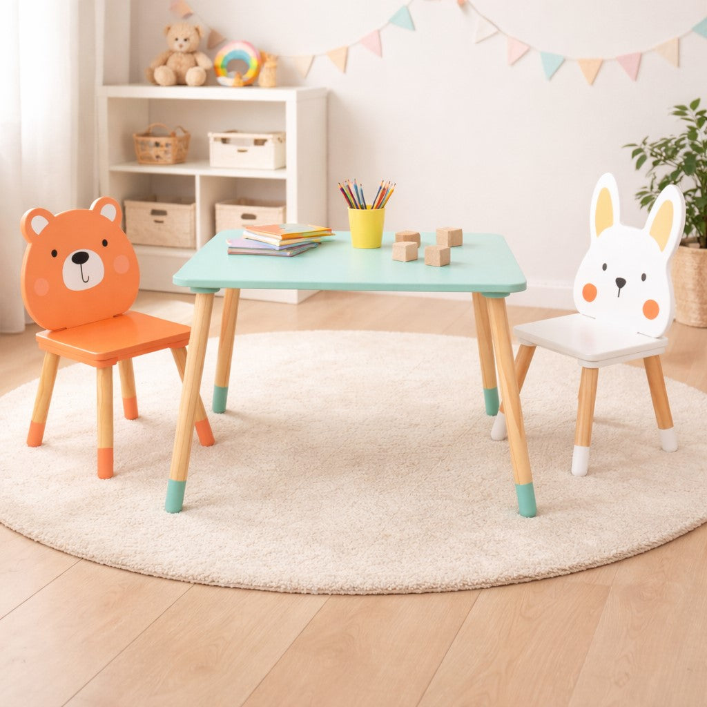 Детска Дървена Маса с 2 Столчета GINGER HOME – Мече и Зайче