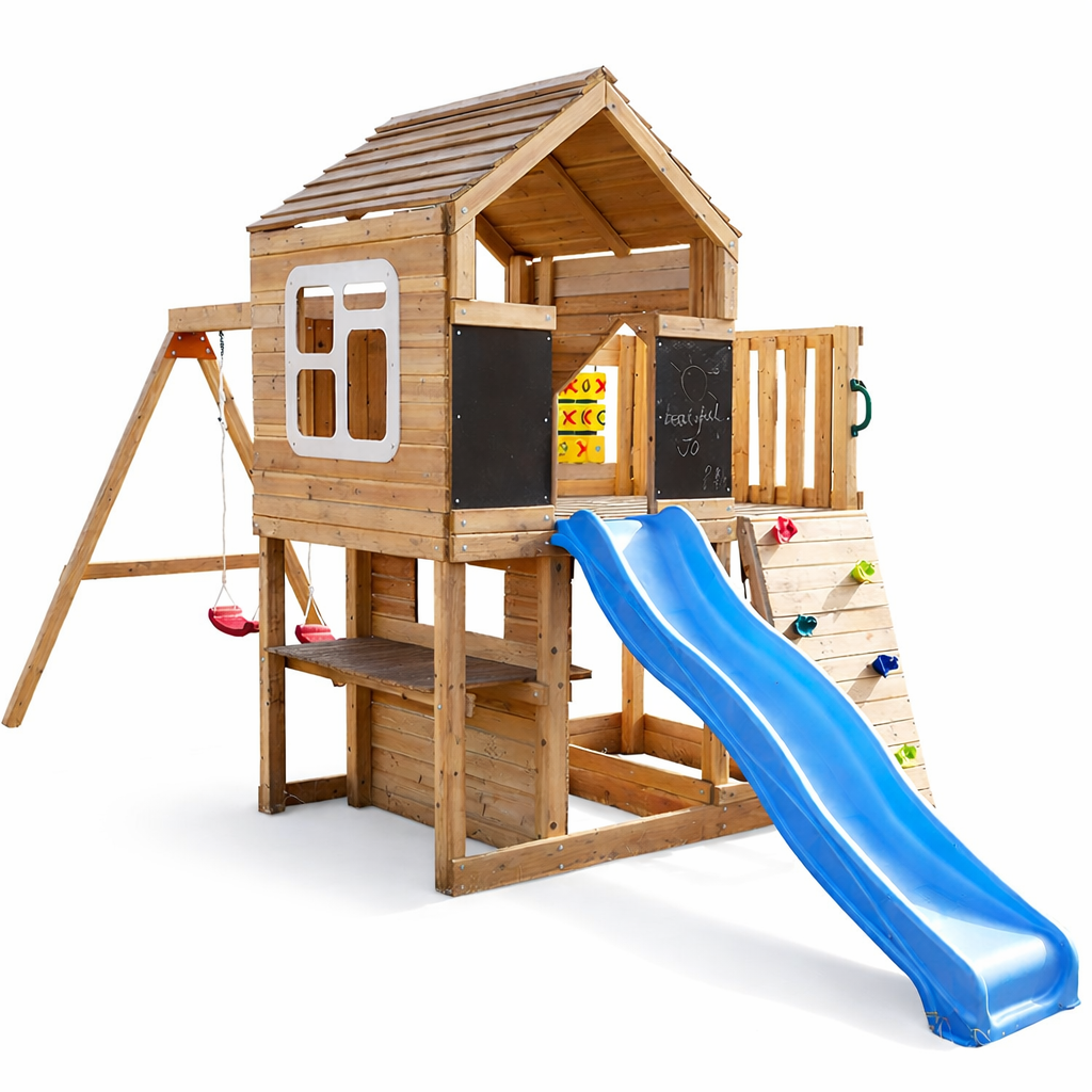 Голяма Детска Дървена Къщичка GINGER HOME за Двор с Пързалка, 2 Люлки, Катерушка и Пясъчник – 250×150×267 см Голяма Детска Дървена Къщичка GINGER HOME за Двор с Пързалка