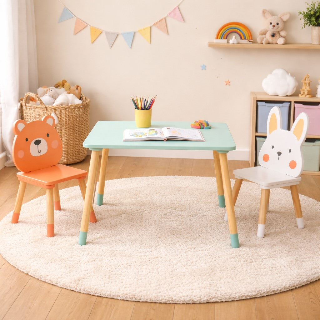 Детска Дървена Маса с 2 Столчета GINGER HOME – Мече и Зайче